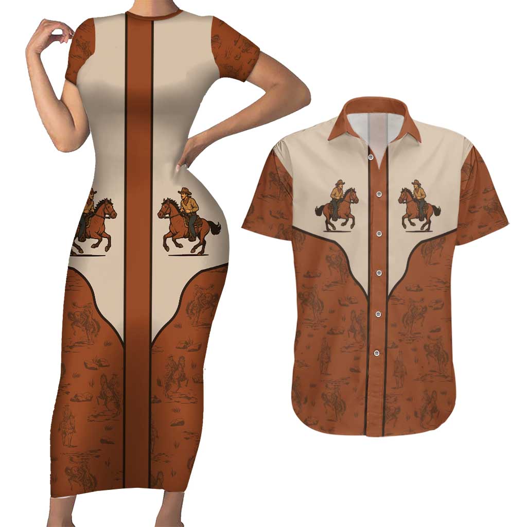 Cowboy Couples Matching Short Sleeve Bodycon Dress and Hawaiian Shirt Horse Riding Retro Western Yoke