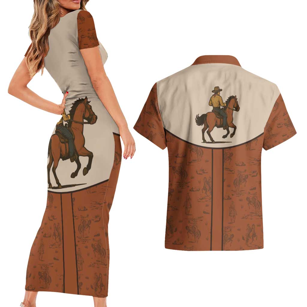 Cowboy Couples Matching Short Sleeve Bodycon Dress and Hawaiian Shirt Horse Riding Retro Western Yoke