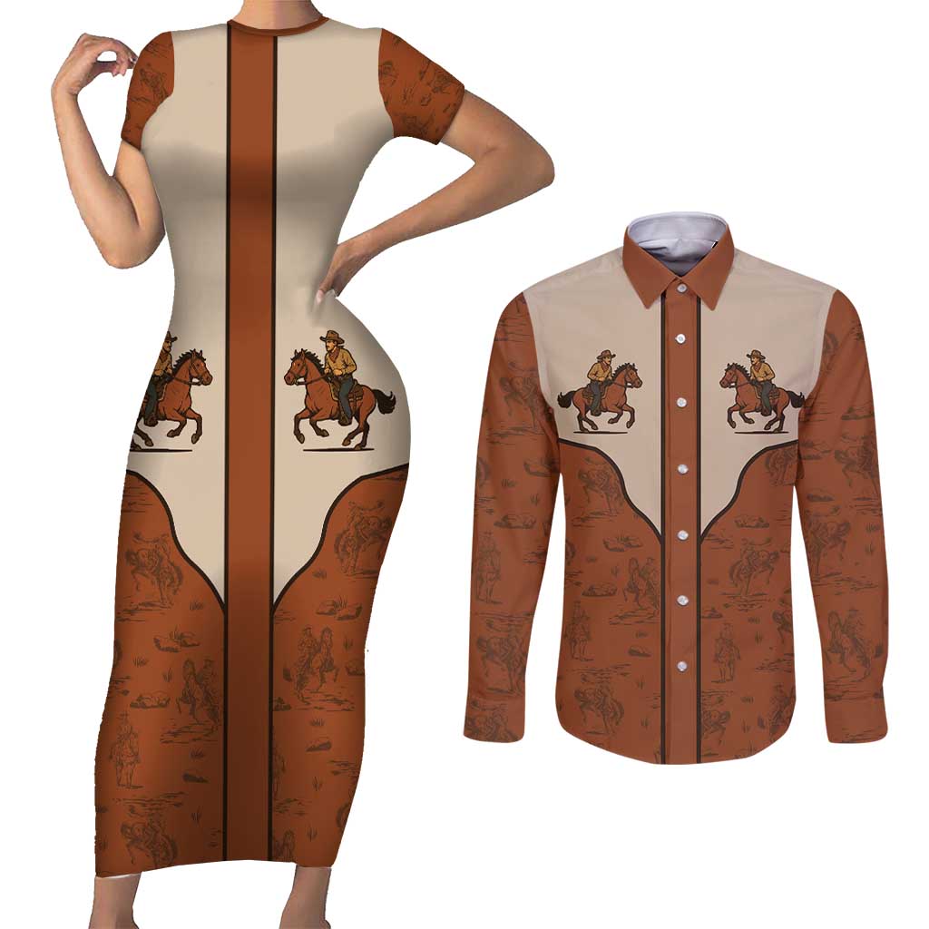 Cowboy Couples Matching Short Sleeve Bodycon Dress and Long Sleeve Button Shirt Horse Riding Retro Western Yoke
