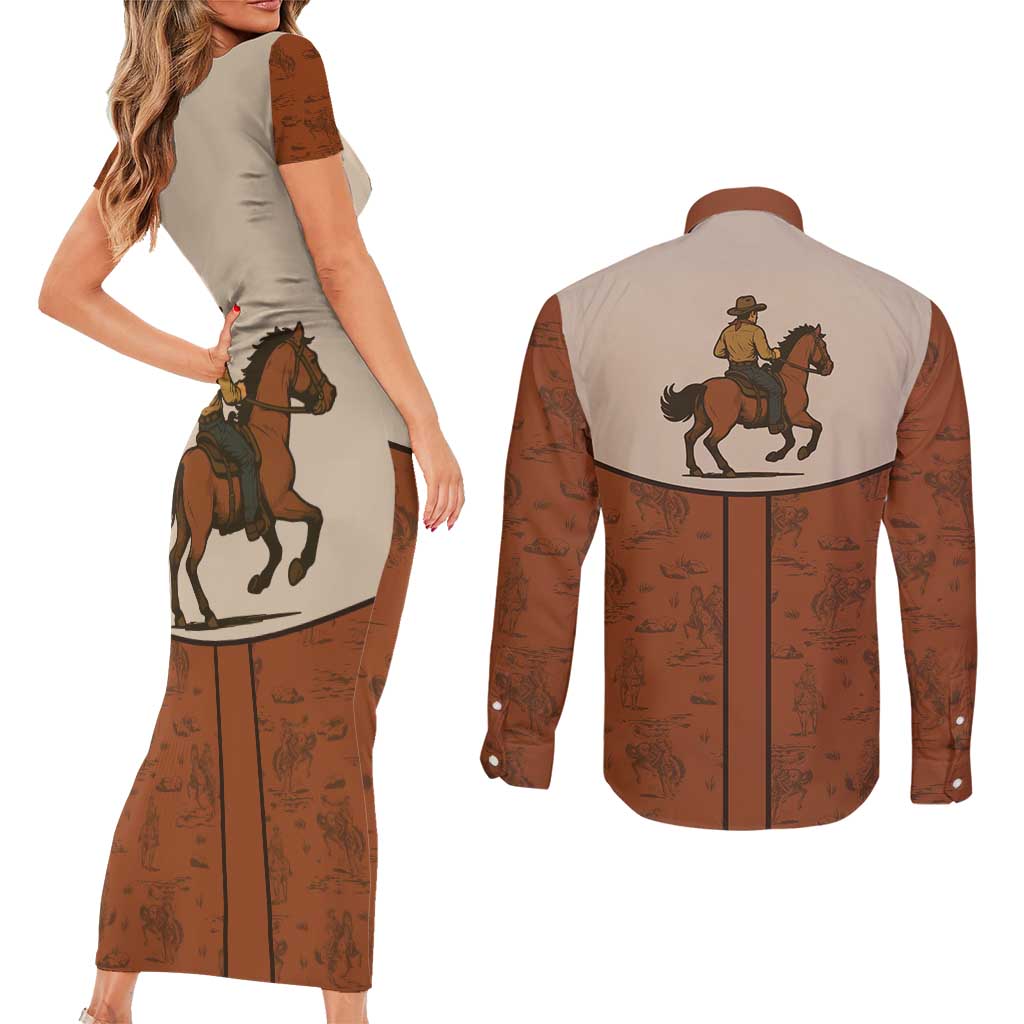 Cowboy Couples Matching Short Sleeve Bodycon Dress and Long Sleeve Button Shirt Horse Riding Retro Western Yoke