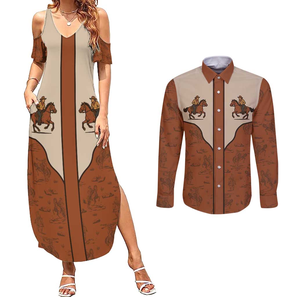 Cowboy Couples Matching Summer Maxi Dress and Long Sleeve Button Shirt Horse Riding Retro Western Yoke