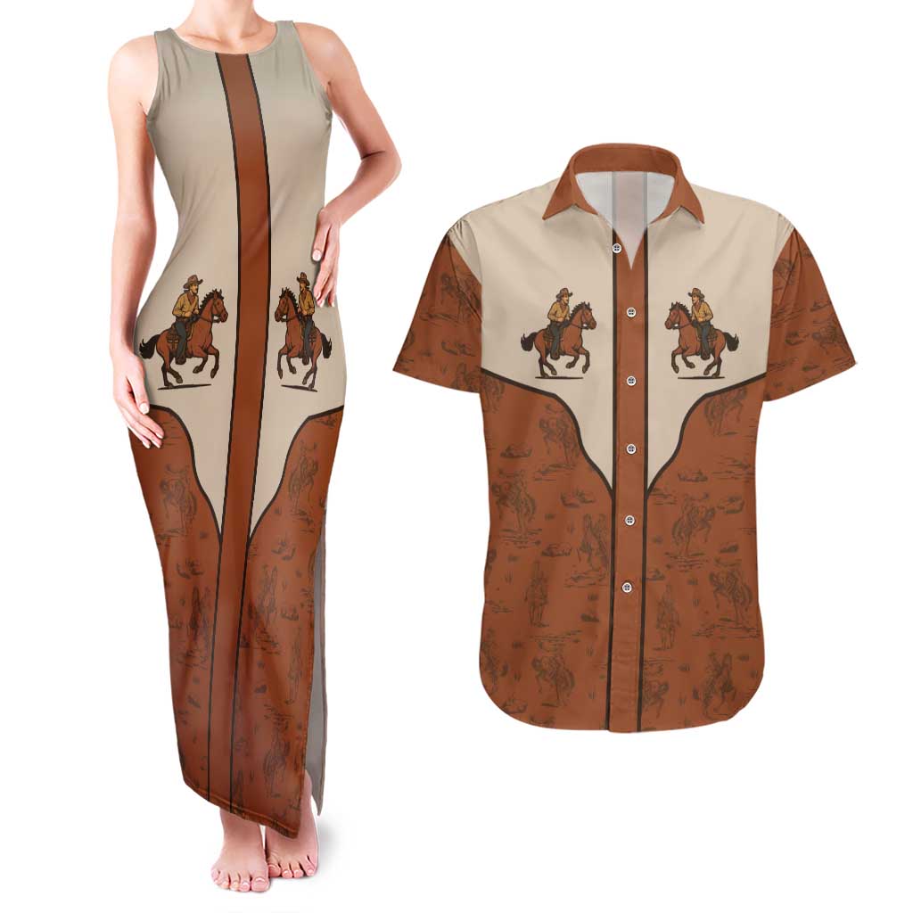 Cowboy Couples Matching Tank Maxi Dress and Hawaiian Shirt Horse Riding Retro Western Yoke