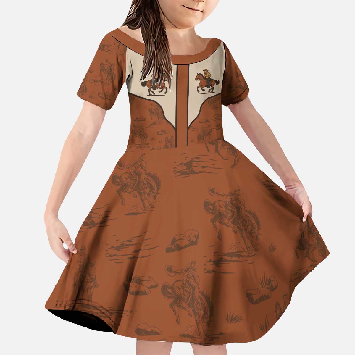 Cowboy Family Matching Off The Shoulder Long Sleeve Dress and Hawaiian Shirt Horse Riding Retro Western Yoke