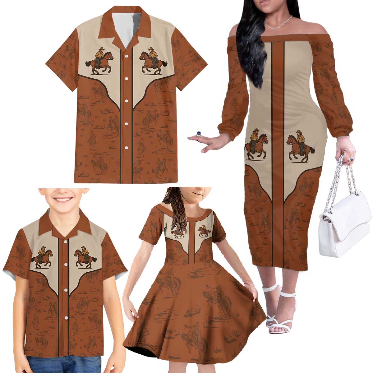 Cowboy Family Matching Off The Shoulder Long Sleeve Dress and Hawaiian Shirt Horse Riding Retro Western Yoke