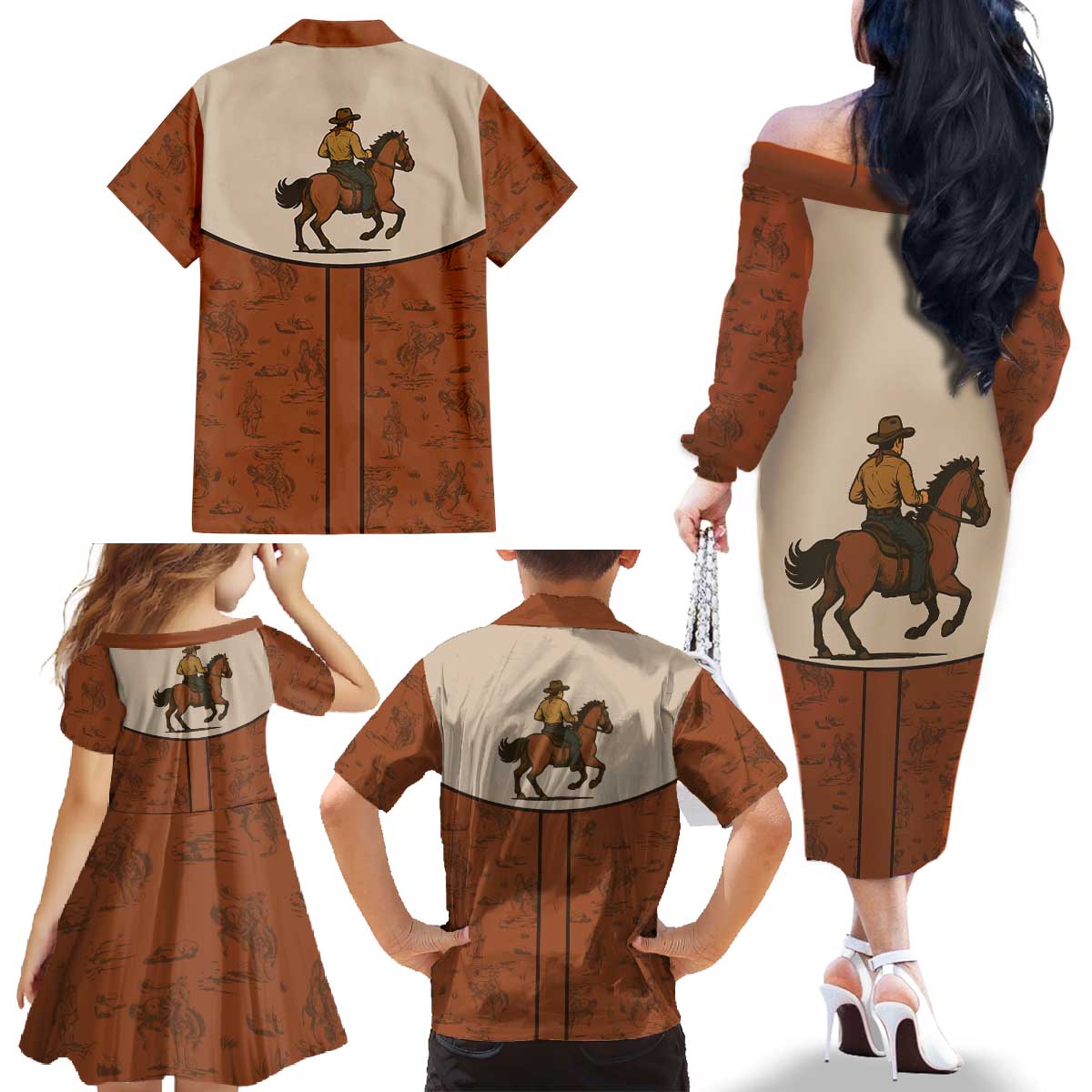 Cowboy Family Matching Off The Shoulder Long Sleeve Dress and Hawaiian Shirt Horse Riding Retro Western Yoke