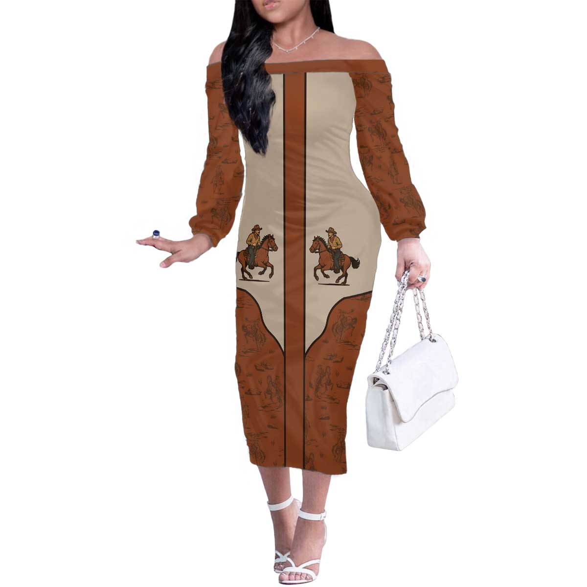Cowboy Family Matching Off The Shoulder Long Sleeve Dress and Hawaiian Shirt Horse Riding Retro Western Yoke