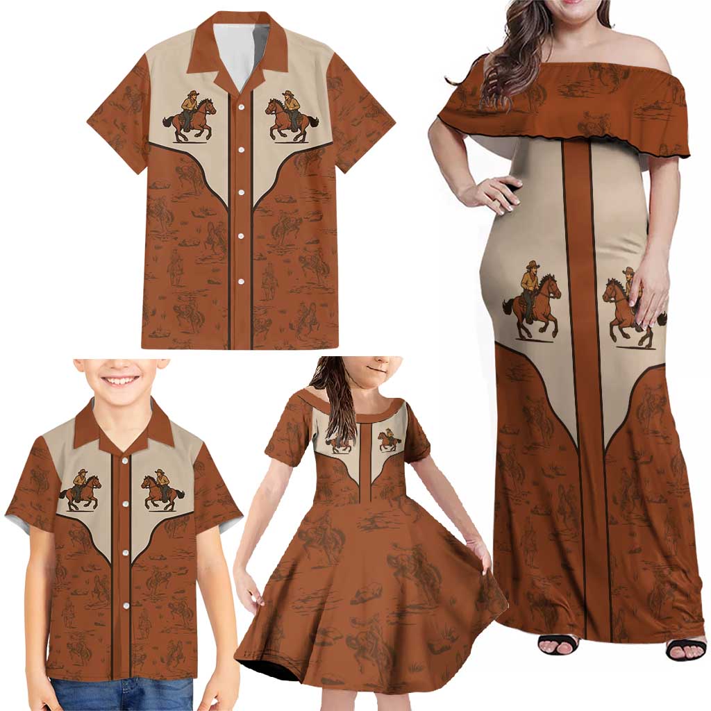 Cowboy Family Matching Off Shoulder Maxi Dress and Hawaiian Shirt Horse Riding Retro Western Yoke