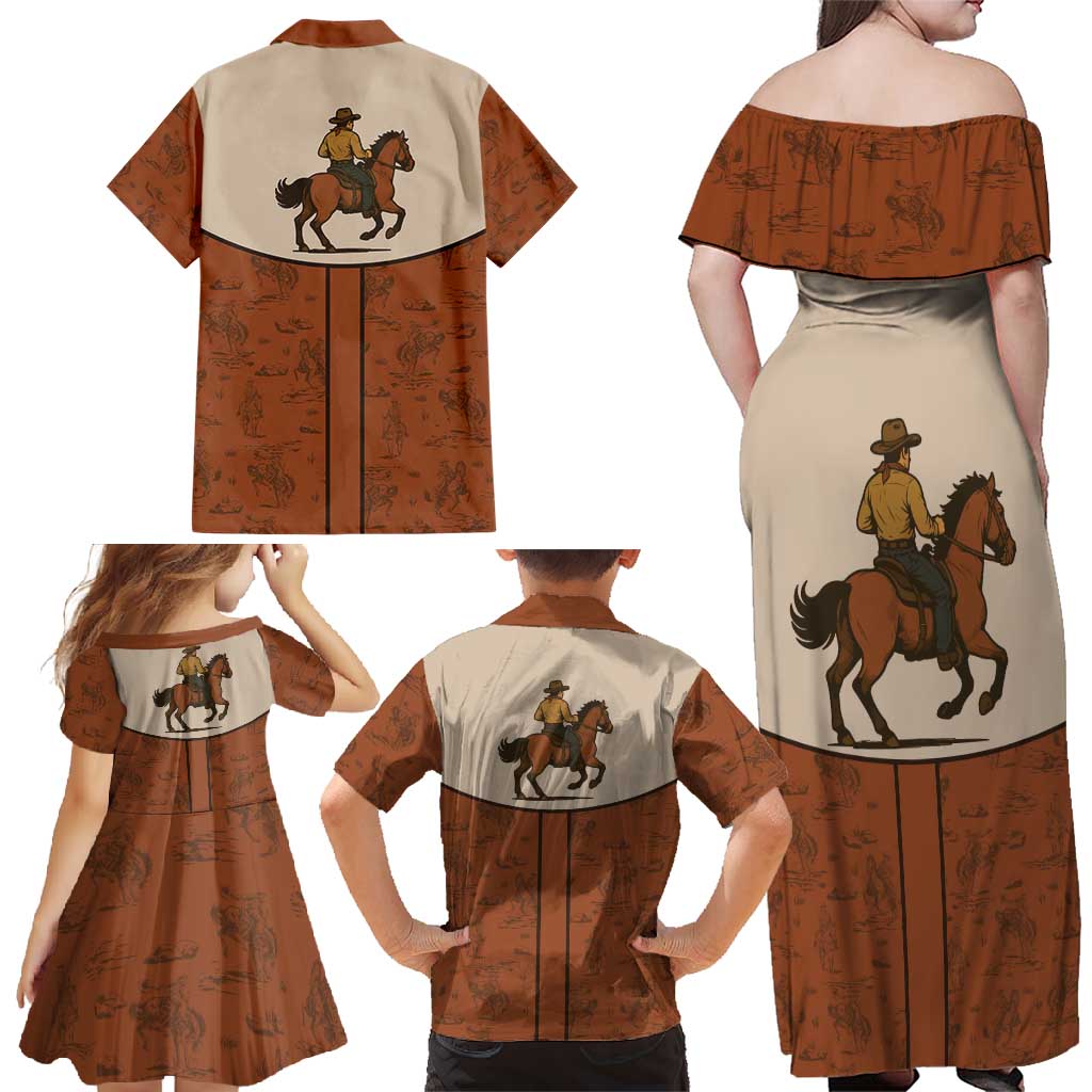 Cowboy Family Matching Off Shoulder Maxi Dress and Hawaiian Shirt Horse Riding Retro Western Yoke