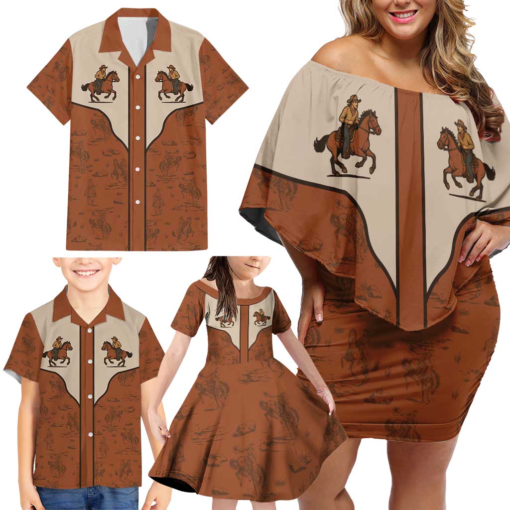 Cowboy Family Matching Off Shoulder Short Dress and Hawaiian Shirt Horse Riding Retro Western Yoke