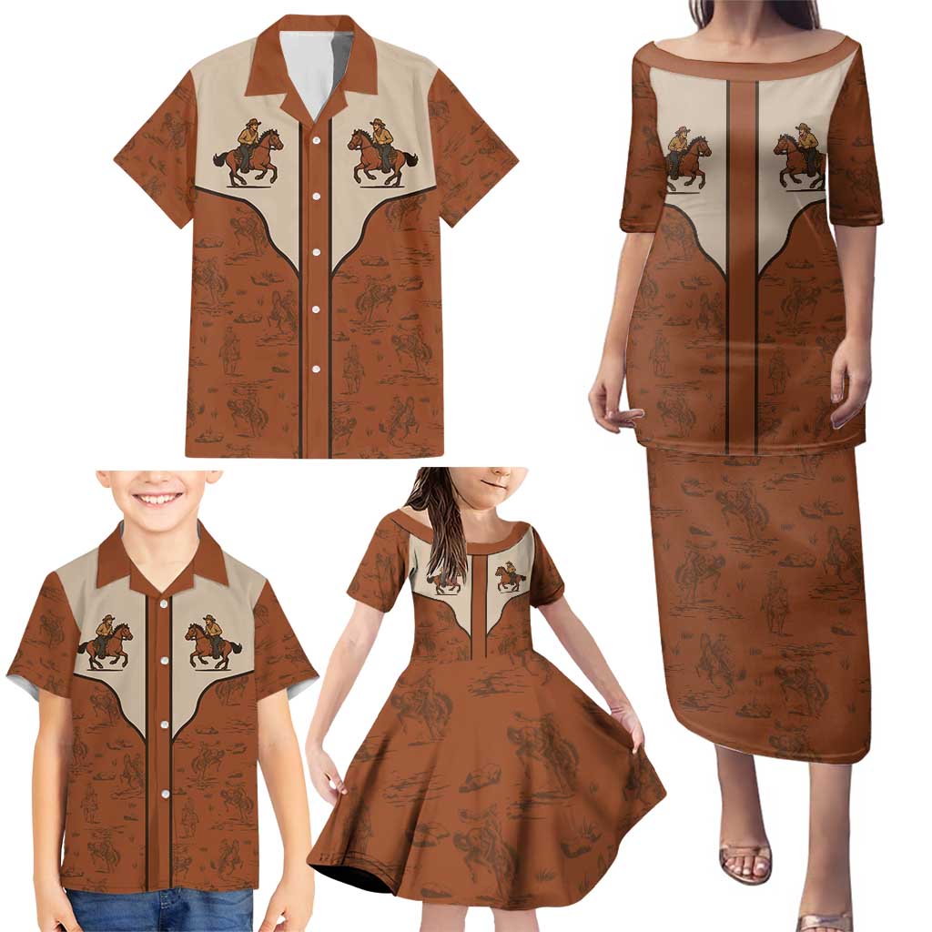Cowboy Family Matching Puletasi and Hawaiian Shirt Horse Riding Retro Western Yoke