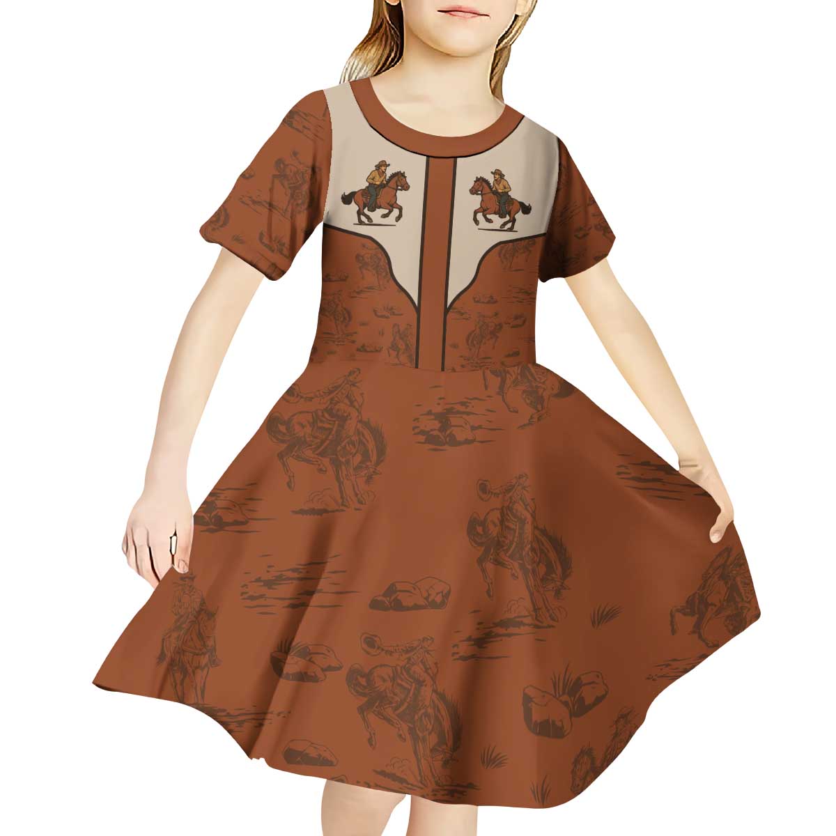 Cowboy Kid Short Sleeve Dress Horse Riding Retro Western Yoke