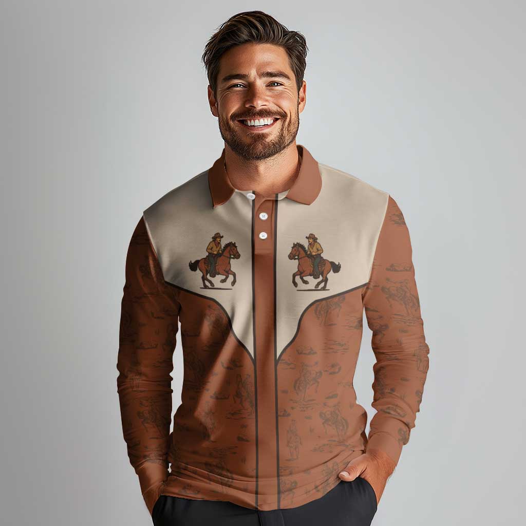 Cowboy Long Sleeve Polo Shirt Horse Riding Retro Western Yoke