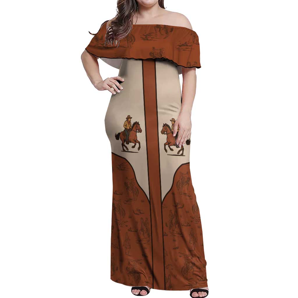 Cowboy Off Shoulder Maxi Dress Horse Riding Retro Western Yoke