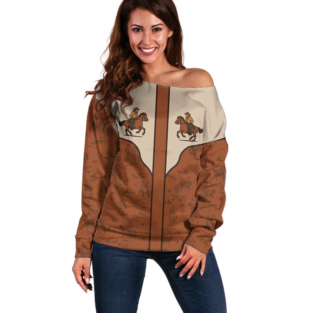 Cowboy Off Shoulder Sweater Horse Riding Retro Western Yoke