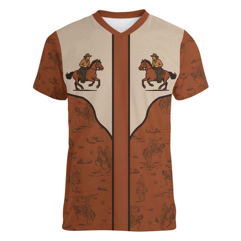 Cowboy Women V-Neck T-Shirt Horse Riding Retro Western Yoke