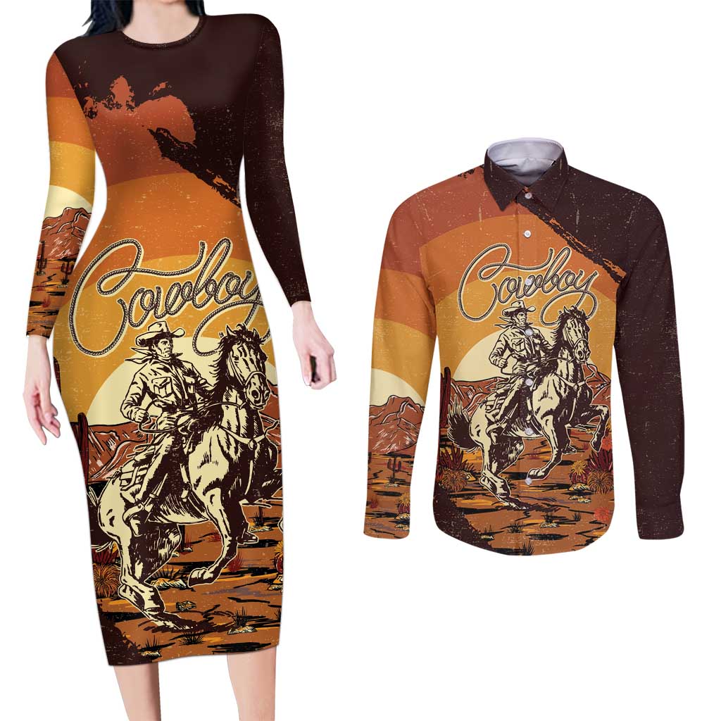 Cowboy Couples Matching Long Sleeve Bodycon Dress and Long Sleeve Button Shirt Ride Em Cowboy