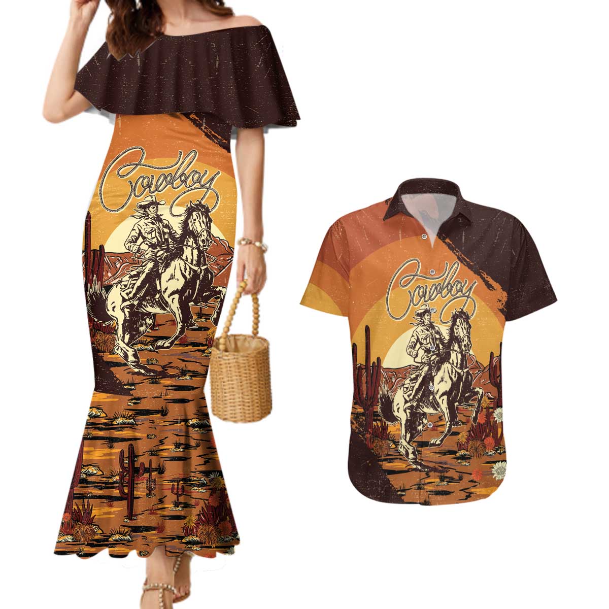 Cowboy Couples Matching Mermaid Dress and Hawaiian Shirt Ride Em Cowboy