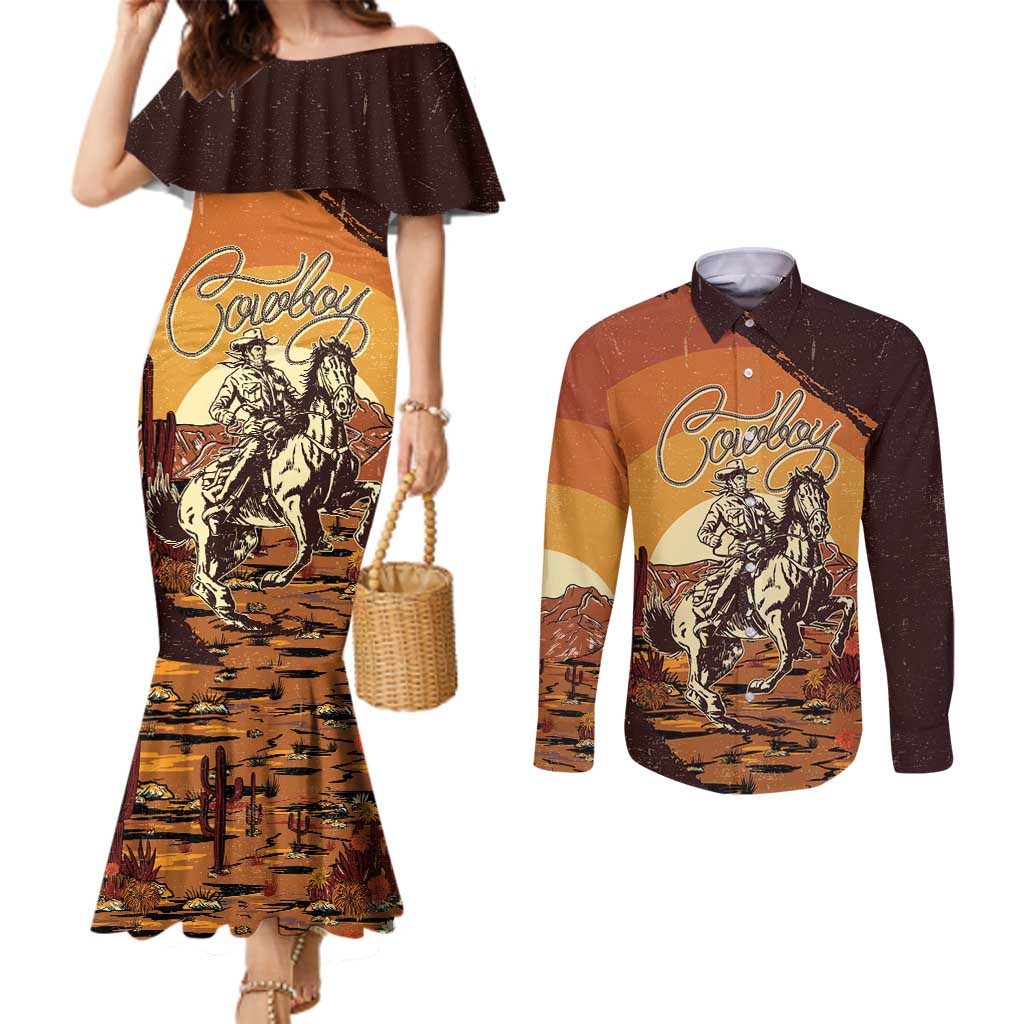 Cowboy Couples Matching Mermaid Dress and Long Sleeve Button Shirt Ride Em Cowboy