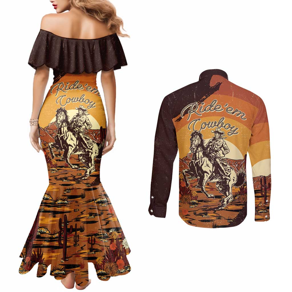 Cowboy Couples Matching Mermaid Dress and Long Sleeve Button Shirt Ride Em Cowboy