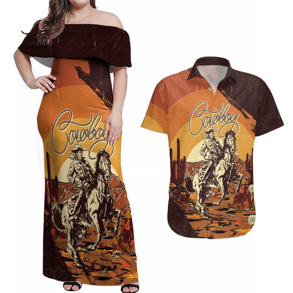 Cowboy Couples Matching Off Shoulder Maxi Dress and Hawaiian Shirt Ride Em Cowboy