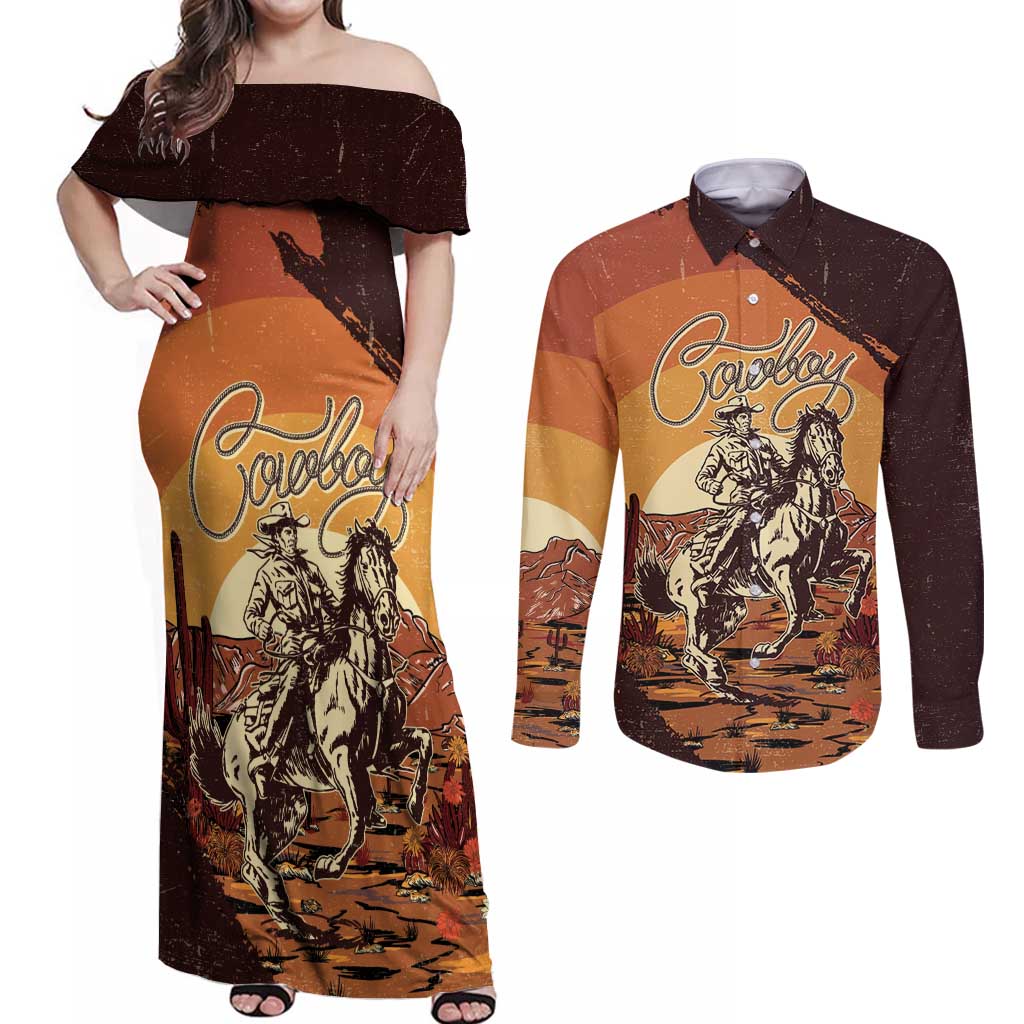 Cowboy Couples Matching Off Shoulder Maxi Dress and Long Sleeve Button Shirt Ride Em Cowboy
