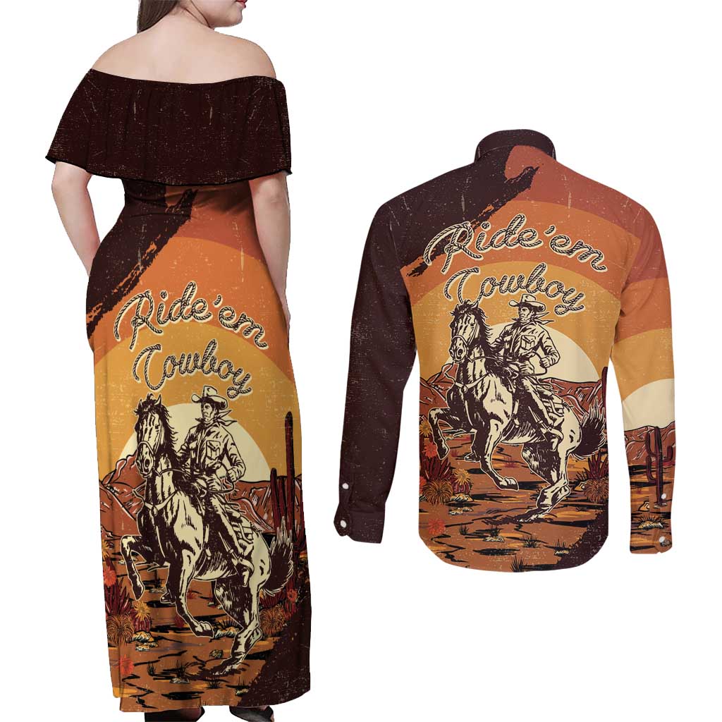 Cowboy Couples Matching Off Shoulder Maxi Dress and Long Sleeve Button Shirt Ride Em Cowboy