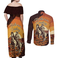 Cowboy Couples Matching Off Shoulder Maxi Dress and Long Sleeve Button Shirt Ride Em Cowboy