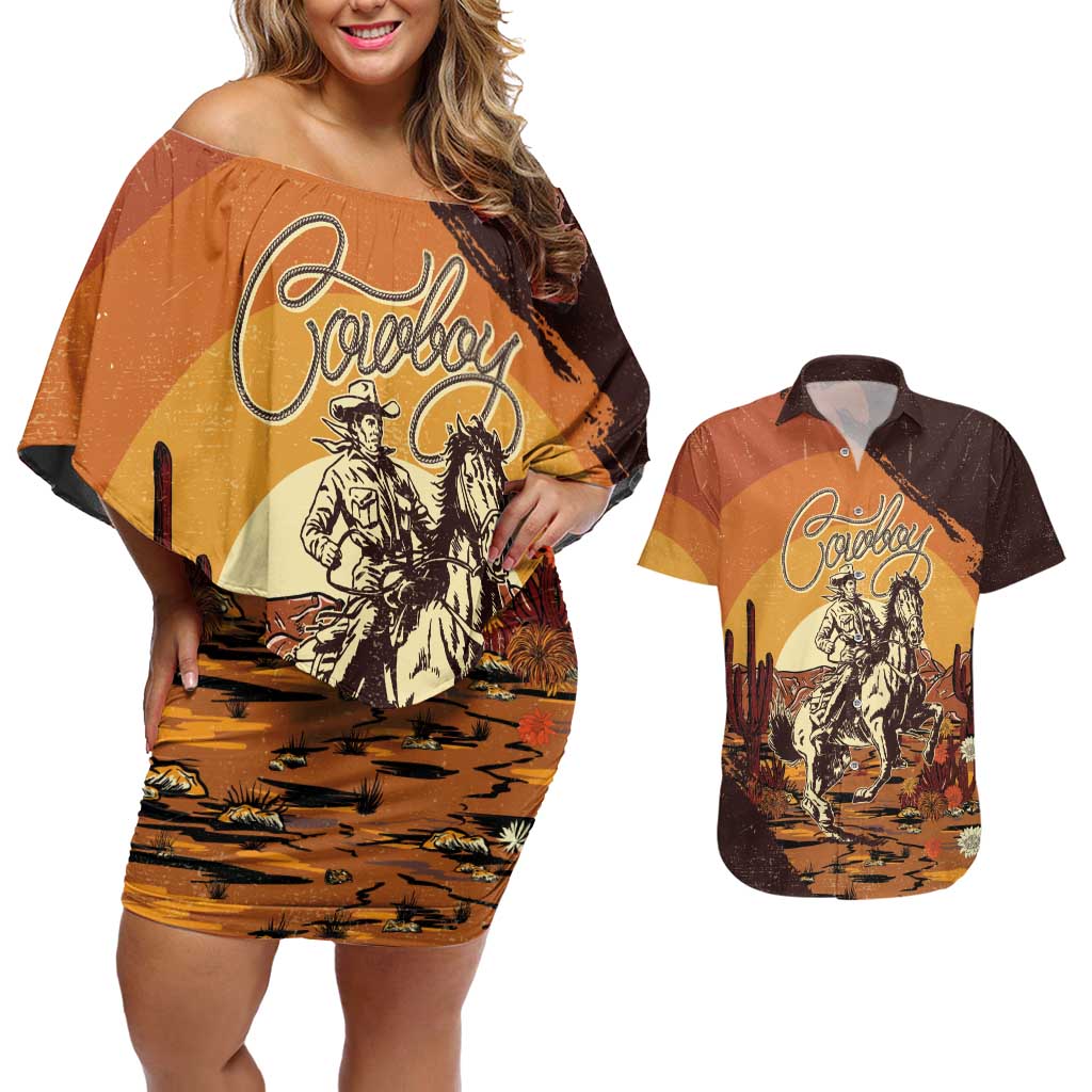 Cowboy Couples Matching Off Shoulder Short Dress and Hawaiian Shirt Ride Em Cowboy