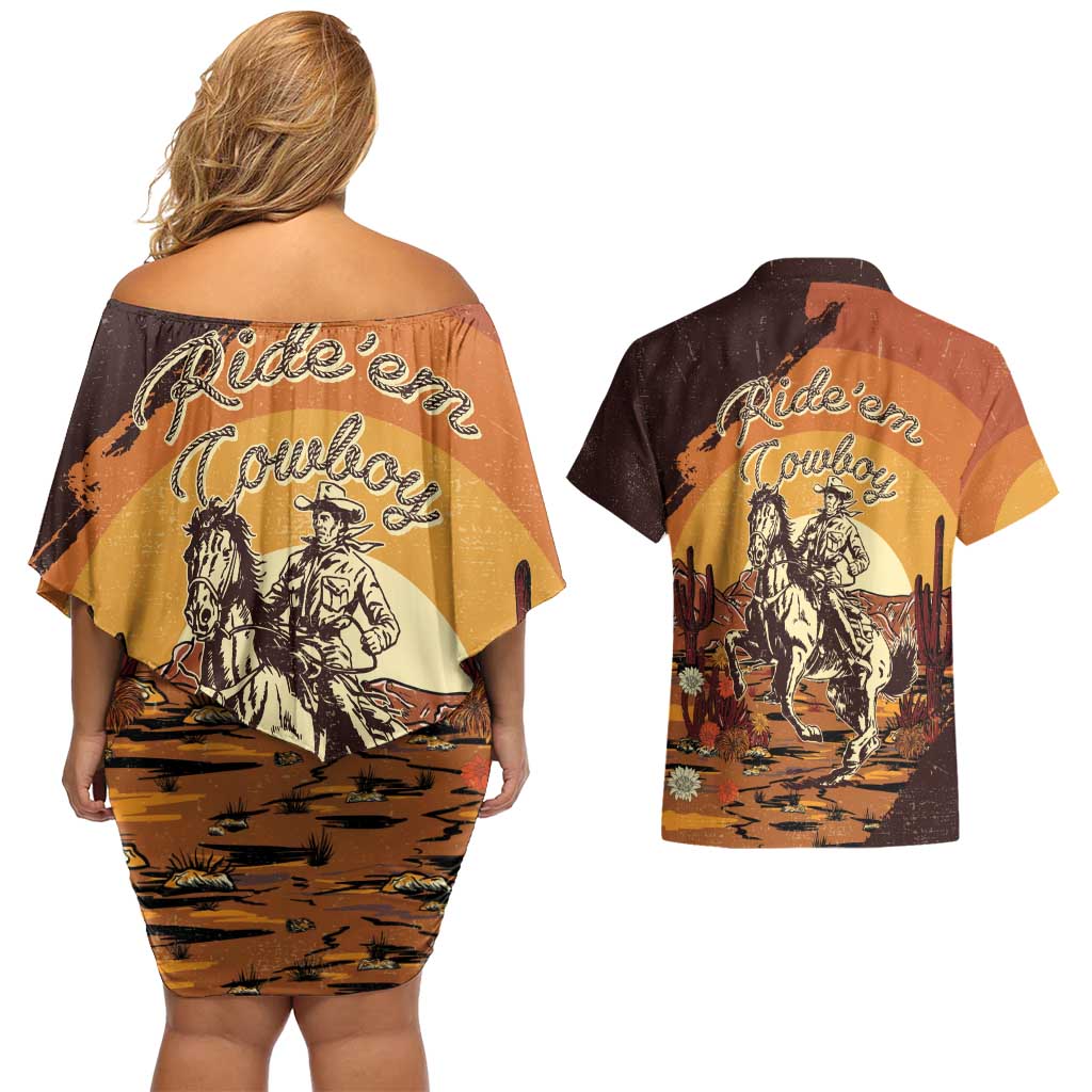 Cowboy Couples Matching Off Shoulder Short Dress and Hawaiian Shirt Ride Em Cowboy