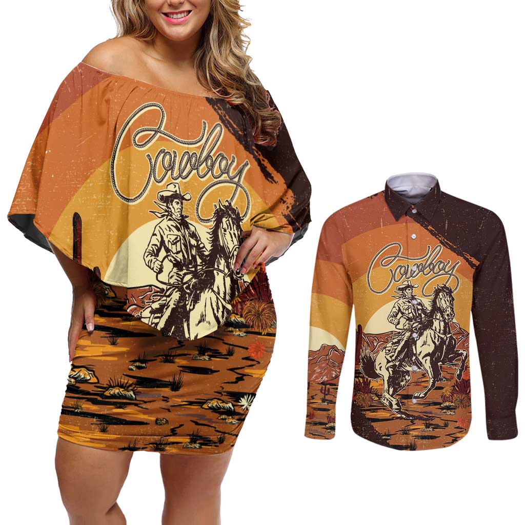Cowboy Couples Matching Off Shoulder Short Dress and Long Sleeve Button Shirt Ride Em Cowboy