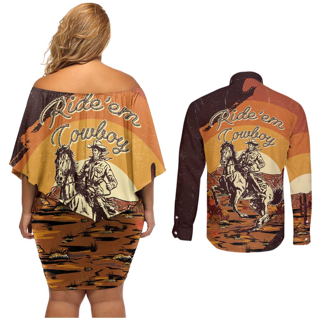 Cowboy Couples Matching Off Shoulder Short Dress and Long Sleeve Button Shirt Ride Em Cowboy
