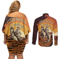 Cowboy Couples Matching Off Shoulder Short Dress and Long Sleeve Button Shirt Ride Em Cowboy