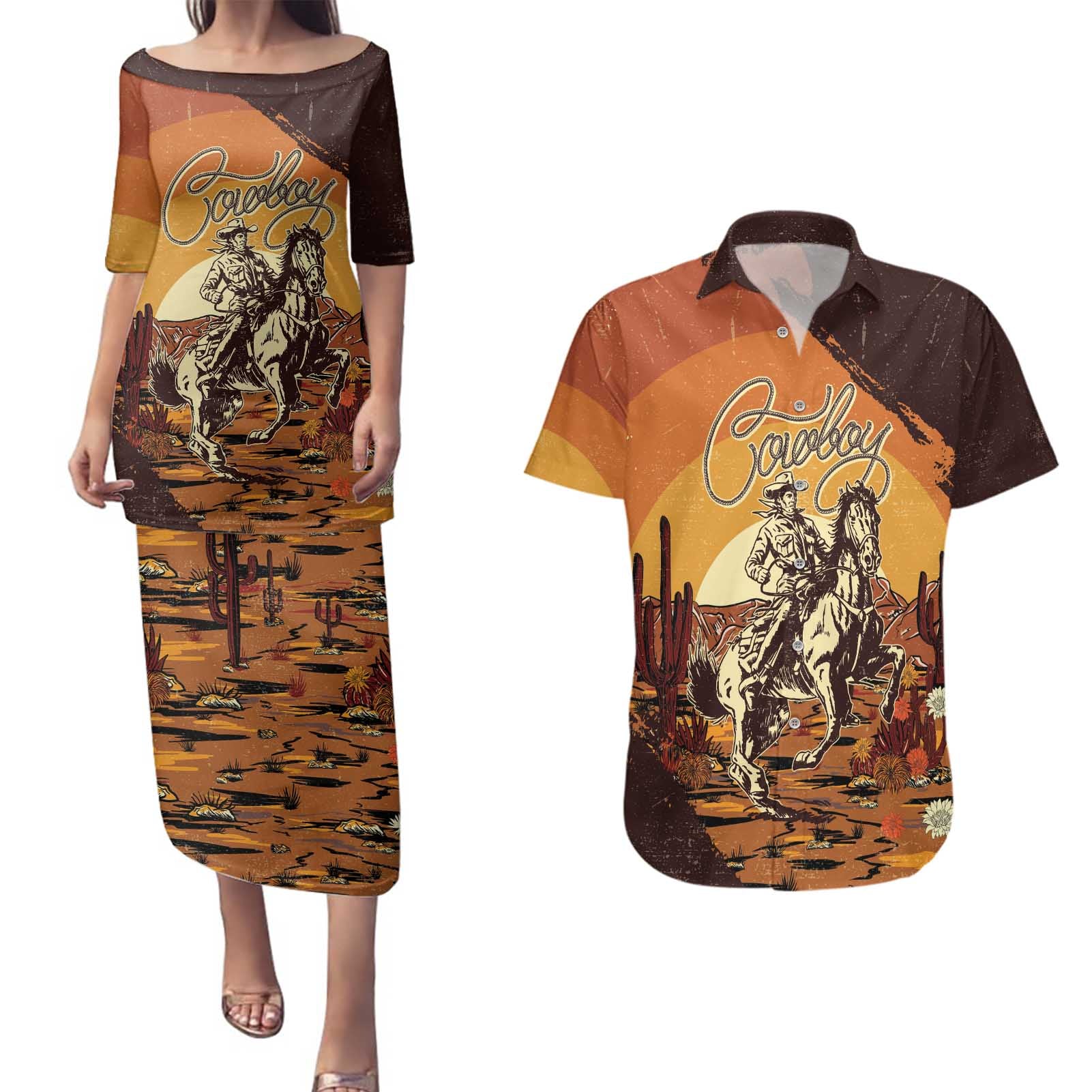 Cowboy Couples Matching Puletasi and Hawaiian Shirt Ride Em Cowboy