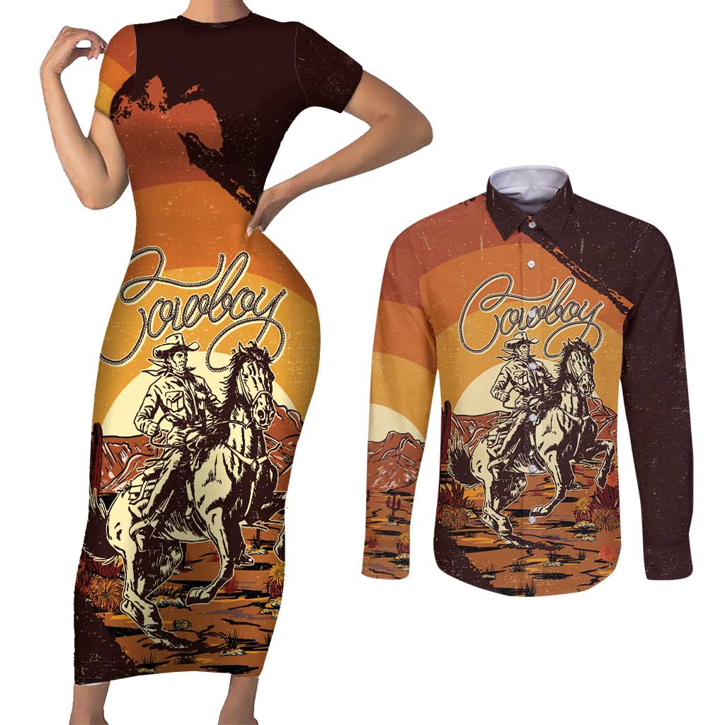 Cowboy Couples Matching Short Sleeve Bodycon Dress and Long Sleeve Button Shirt Ride Em Cowboy
