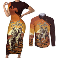 Cowboy Couples Matching Short Sleeve Bodycon Dress and Long Sleeve Button Shirt Ride Em Cowboy
