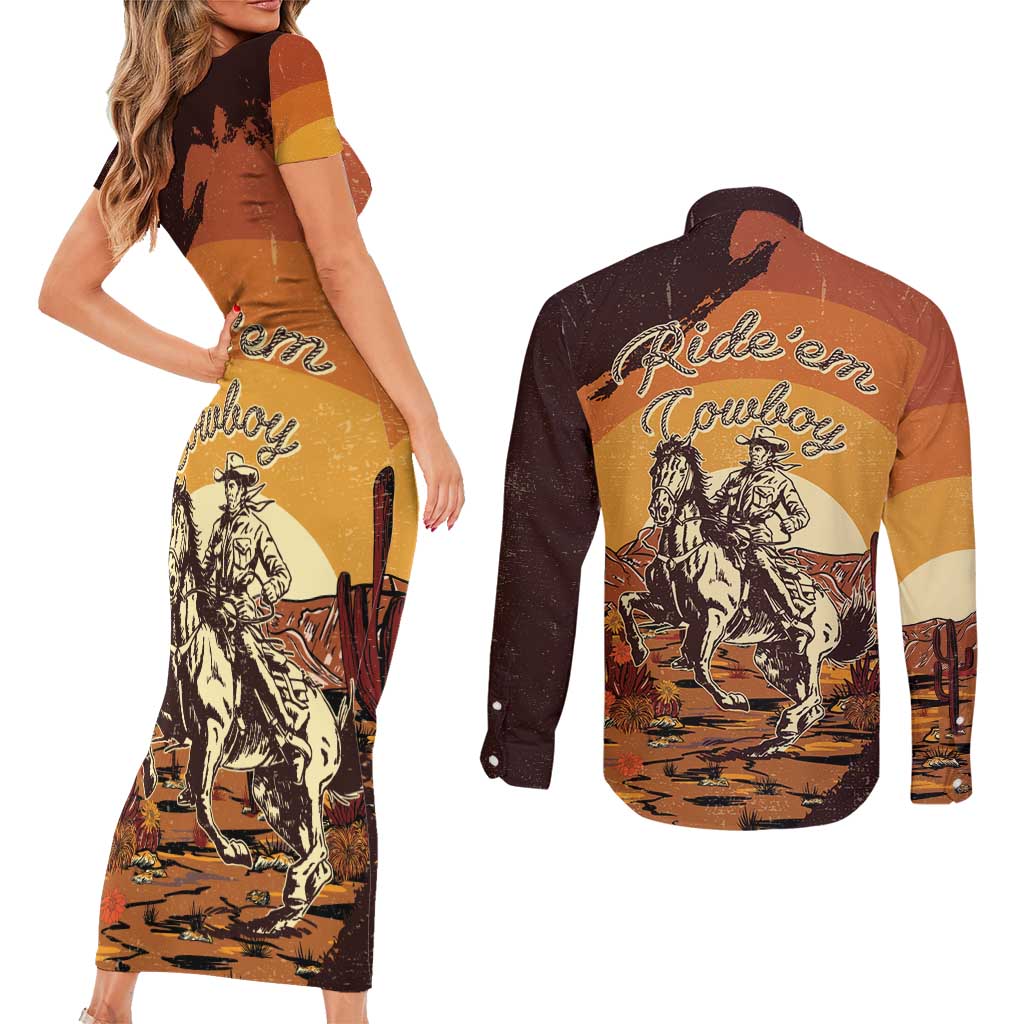Cowboy Couples Matching Short Sleeve Bodycon Dress and Long Sleeve Button Shirt Ride Em Cowboy