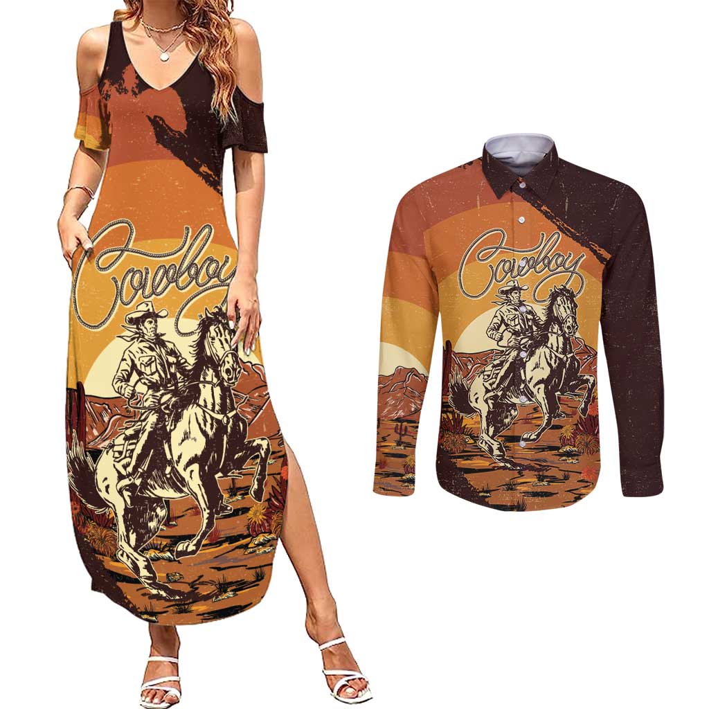 Cowboy Couples Matching Summer Maxi Dress and Long Sleeve Button Shirt Ride Em Cowboy