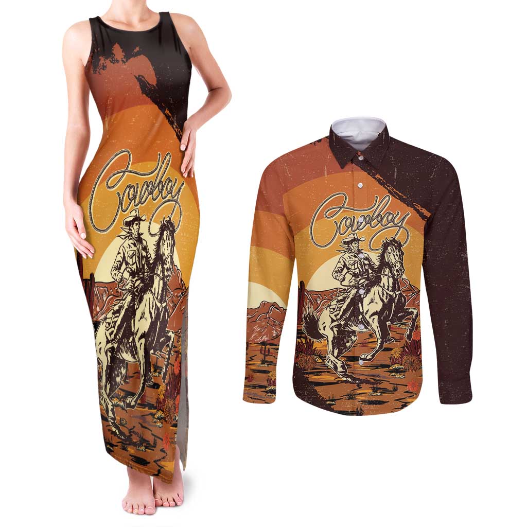 Cowboy Couples Matching Tank Maxi Dress and Long Sleeve Button Shirt Ride Em Cowboy