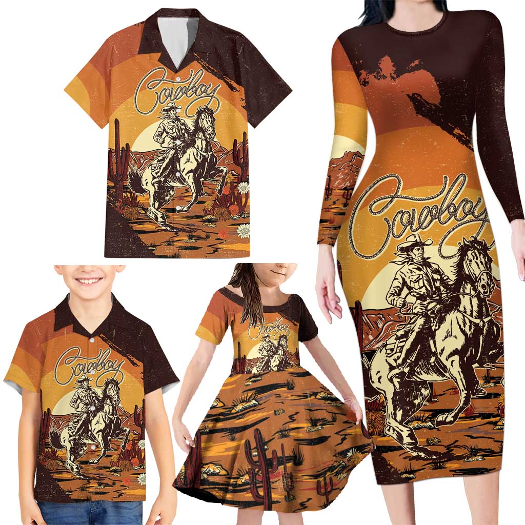 Cowboy Family Matching Long Sleeve Bodycon Dress and Hawaiian Shirt Ride Em Cowboy