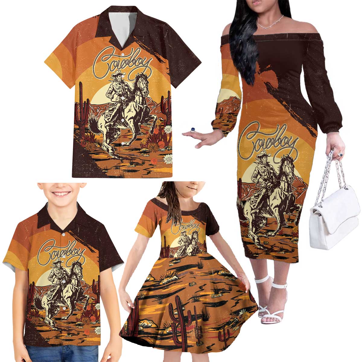 Cowboy Family Matching Off The Shoulder Long Sleeve Dress and Hawaiian Shirt Ride Em Cowboy