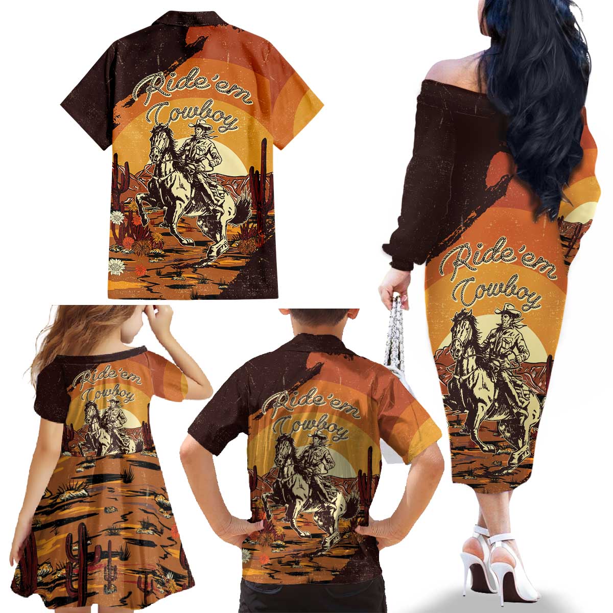 Cowboy Family Matching Off The Shoulder Long Sleeve Dress and Hawaiian Shirt Ride Em Cowboy