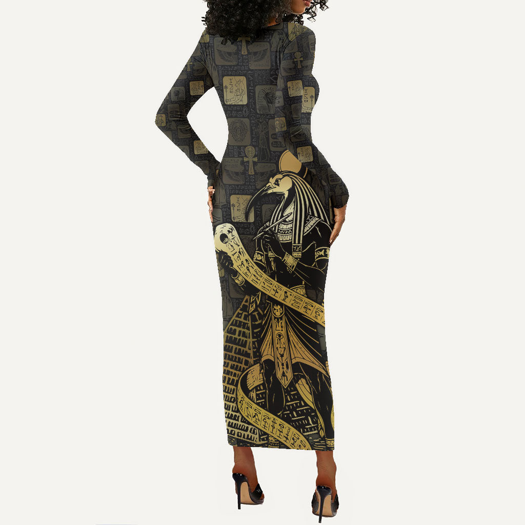Egyptian God Thoth Long Sleeve Bodycon Dress Ancient Mythology Ibis Wisdom Hieroglyphic