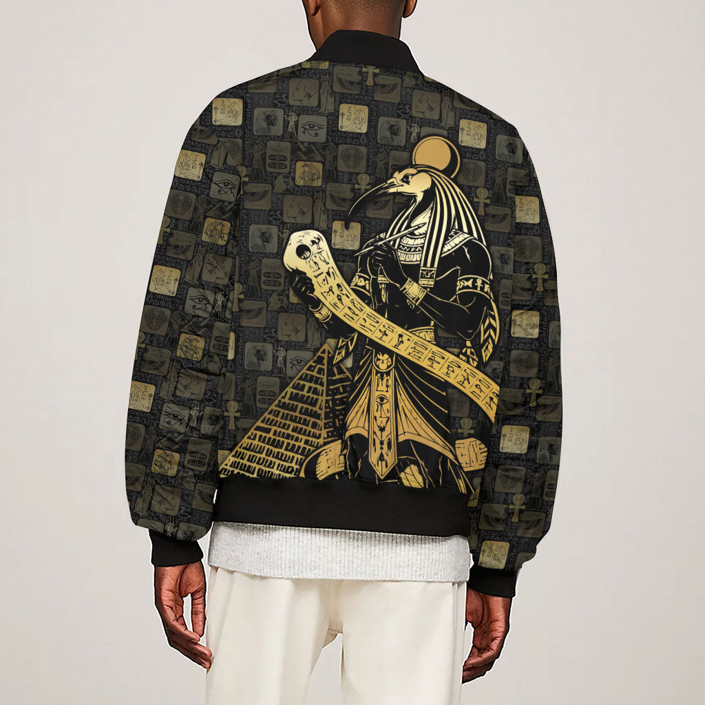 Egyptian God Thoth Sleeve Zip Bomber Jacket Ancient Mythology Ibis Wisdom Hieroglyphic