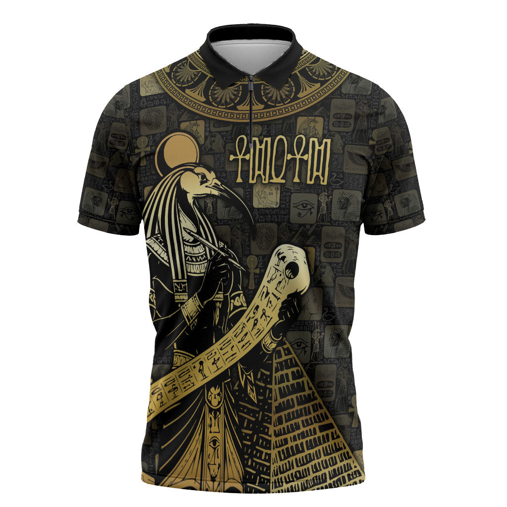 Egyptian God Thoth Zipper Polo Shirt Ancient Mythology Ibis Wisdom Hieroglyphic