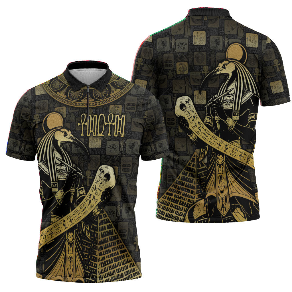 Egyptian God Thoth Zipper Polo Shirt Ancient Mythology Ibis Wisdom Hieroglyphic