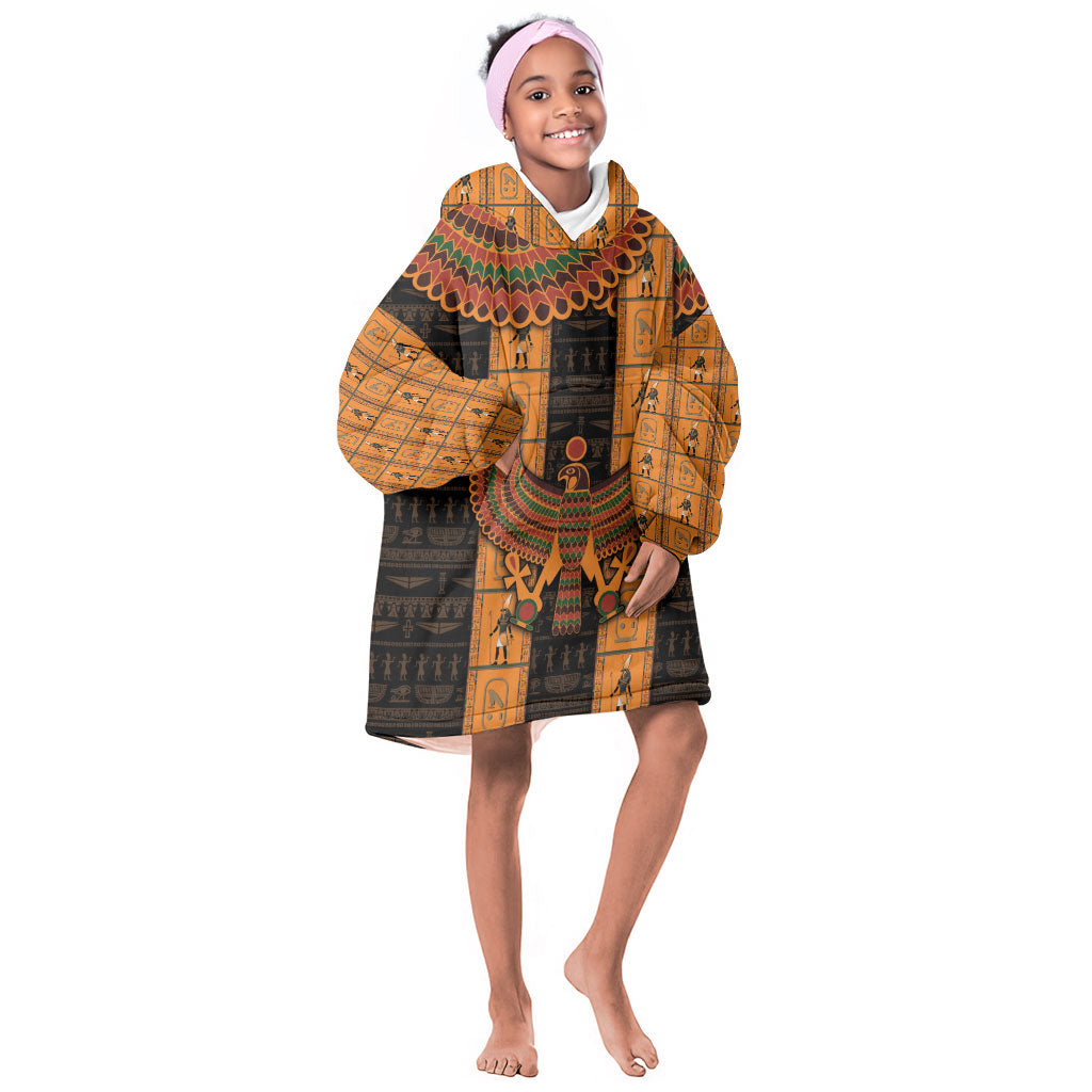 Egyptian God Horus Kid Wearable Blanket Hoodie Ancient Mythology Falcon Hieroglyphic Patterns