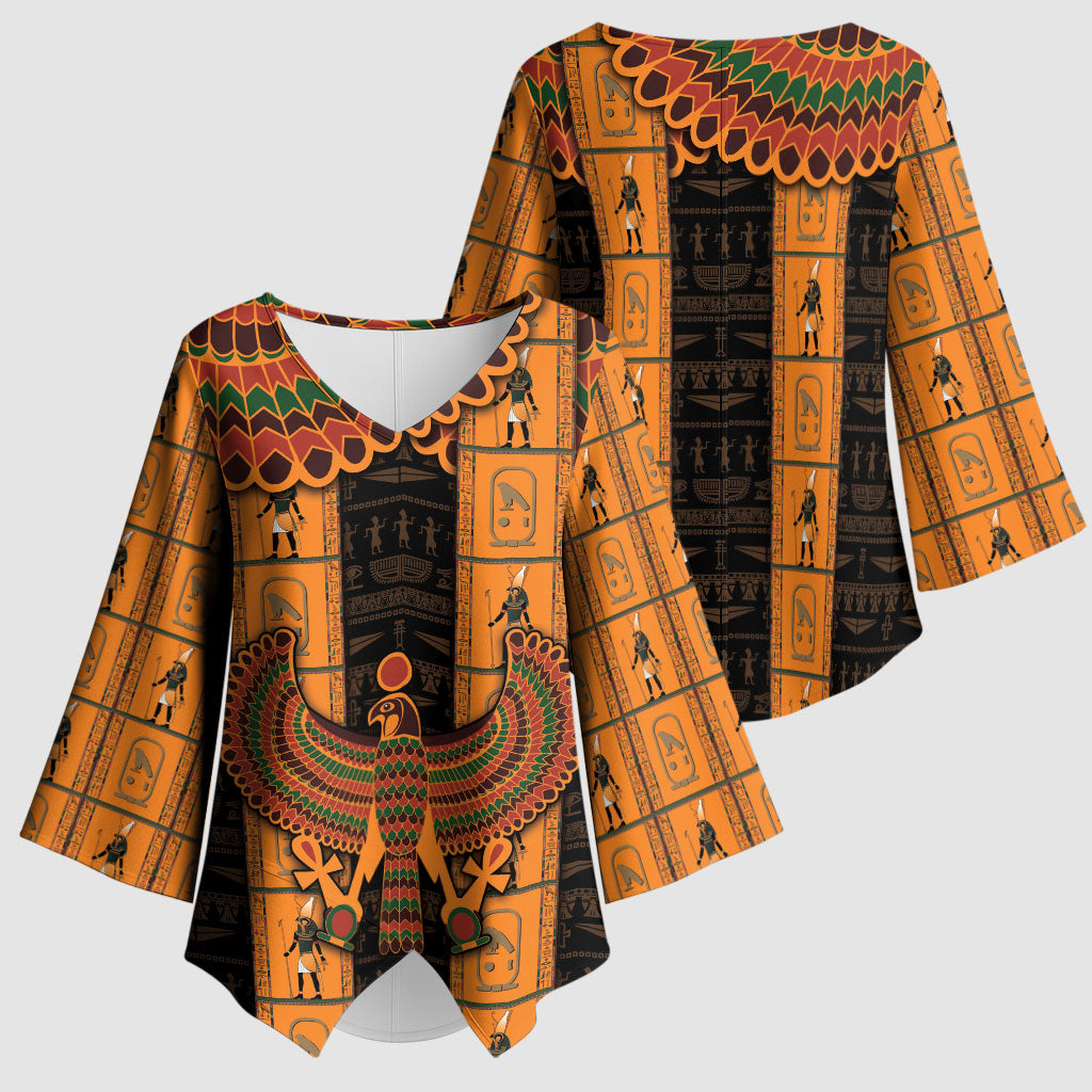 Egyptian God Horus Kimono Sleeve Blouse Ancient Mythology Falcon Hieroglyphic Patterns