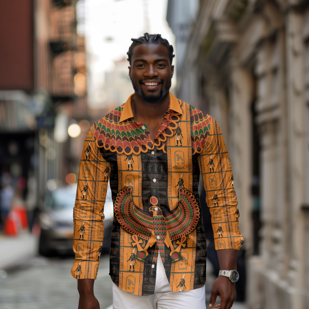 Egyptian God Horus Long Sleeve Button Shirt Ancient Mythology Falcon Hieroglyphic Patterns