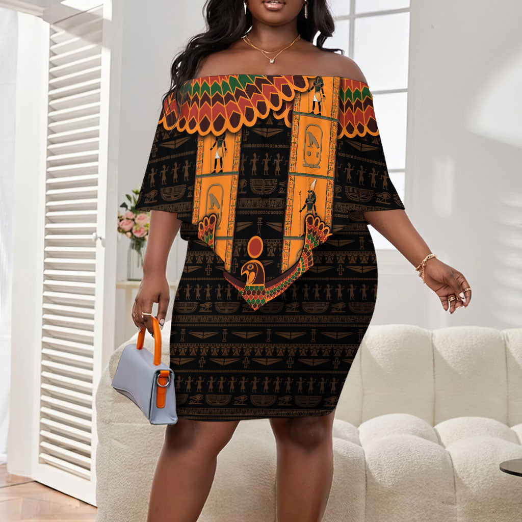 Egyptian God Horus Off Shoulder Short Dress Ancient Mythology Falcon Hieroglyphic Patterns