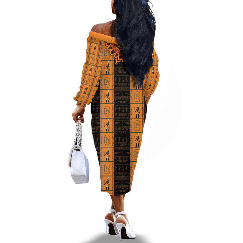 Egyptian God Horus Off The Shoulder Long Sleeve Dress Ancient Mythology Falcon Hieroglyphic Patterns